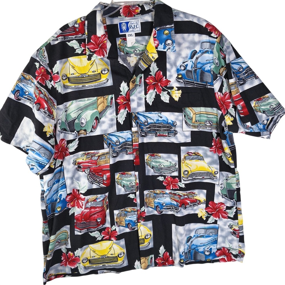 Vintage RJC Hawaiian Shirt Mens 2XL Black Classic Woody Car Hibiscus Made in USA